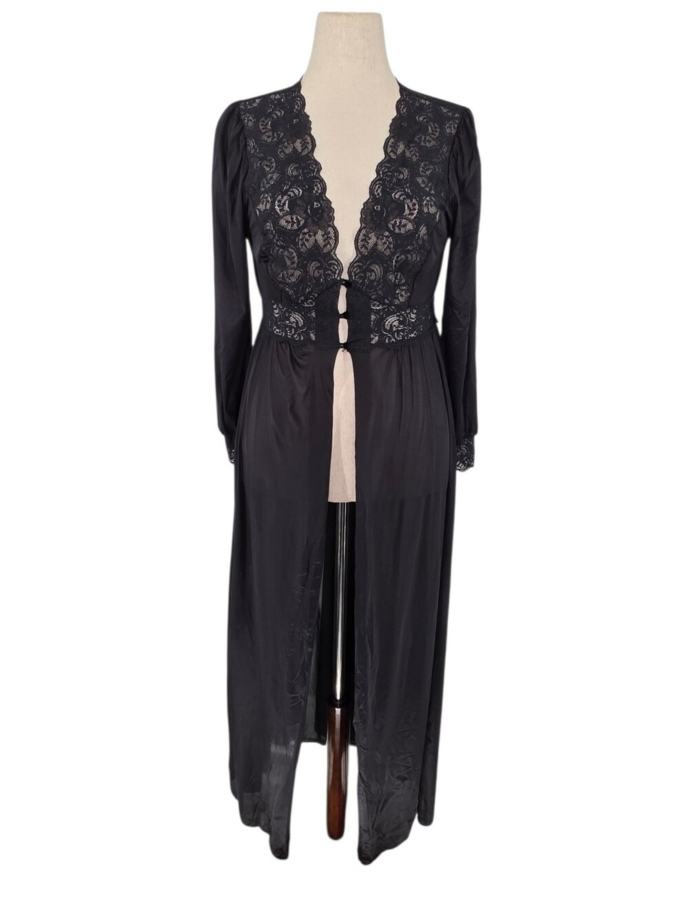 Shadowline Peignoir Robe M Black Sheer Lace Long Lingerie Dressing Gown